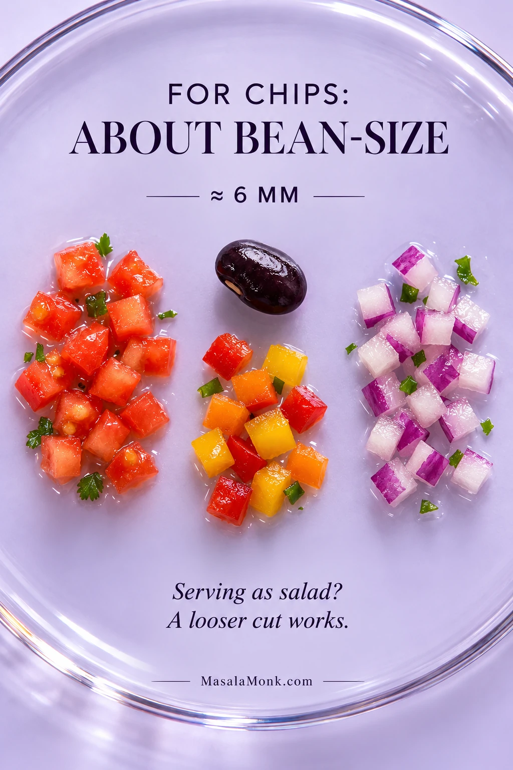 Diced tomato, bell pepper and red onion shown beside a black bean to demonstrate roughly 1/4-inch or 6-millimeter pieces for Cowboy Caviar.