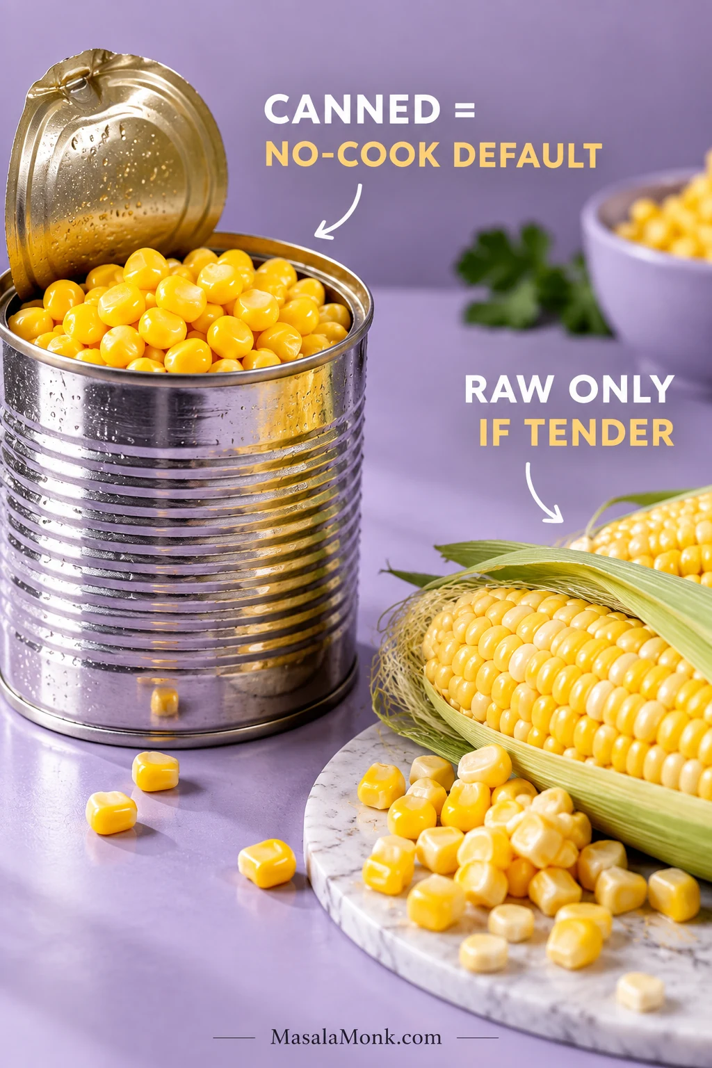 Comparison of canned corn for a no-cook Cowboy Caviar and fresh corn as an alternative when the kernels are tender enough to use raw.