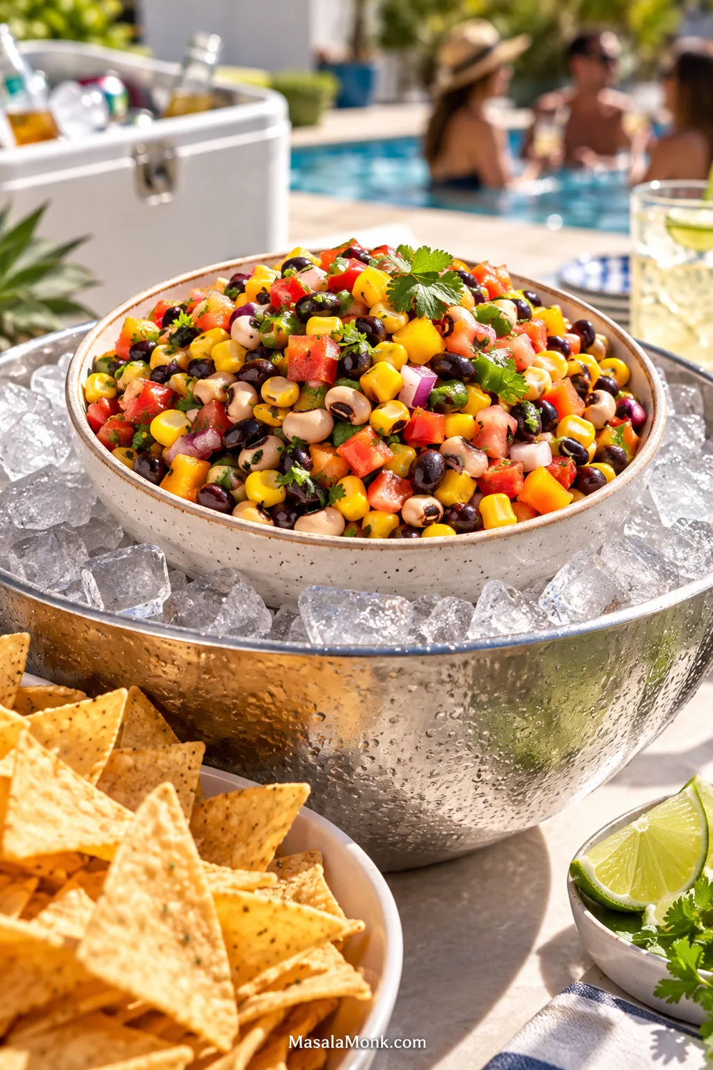 Bowl of Cowboy Caviar nested inside a larger metal bowl filled with ice at an outdoor summer gathering, with tortilla chips nearby.