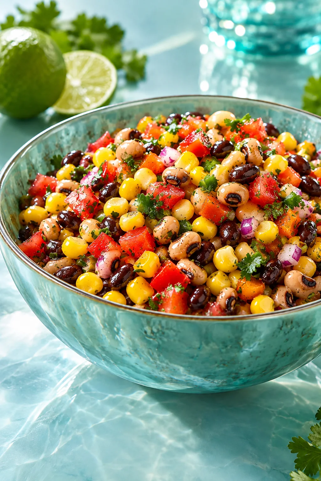 A clear serving bowl filled with Cowboy Caviar made with black-eyed peas, black beans, corn, diced tomatoes, bell pepper, red onion and cilantro.