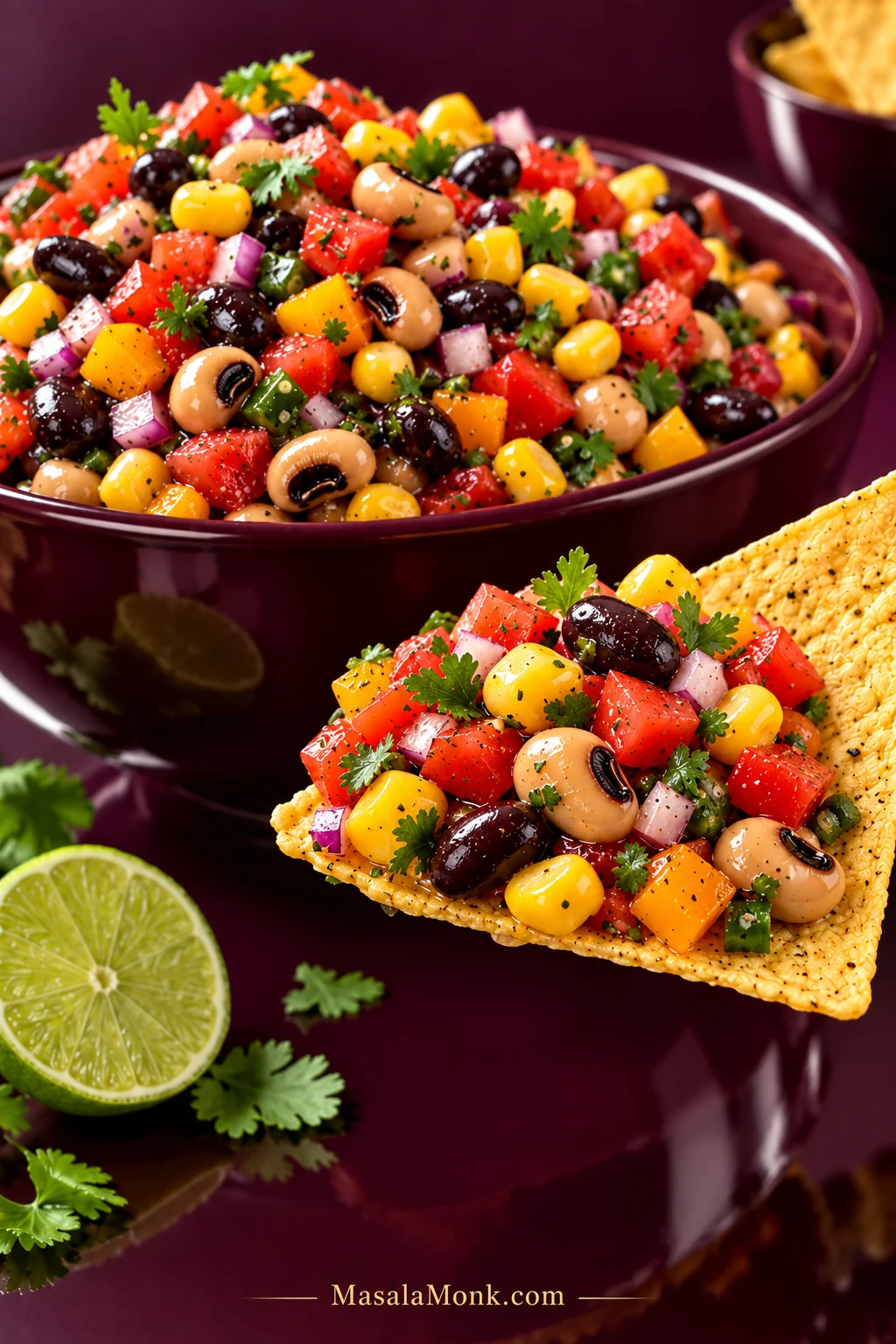 A tortilla chip loaded with Cowboy Caviar, including black-eyed peas, black beans, corn, diced tomato, bell pepper, red onion and cilantro, with a full bowl behind it.