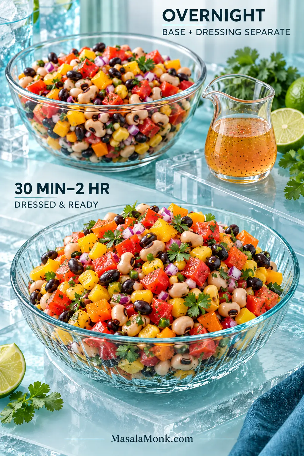 Make-ahead Cowboy Caviar comparison labeled 30 minutes to 2 hours dressed and ready, and overnight base with the dressing kept separate.