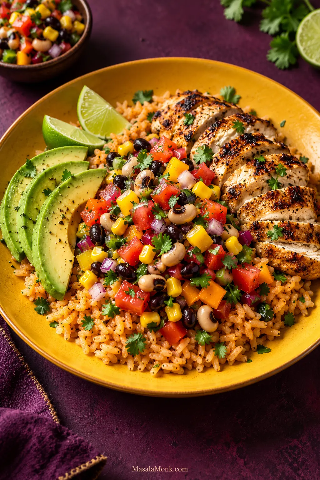 Cowboy Caviar served over Mexican-style rice with sliced grilled chicken, avocado and lime on a golden plate.