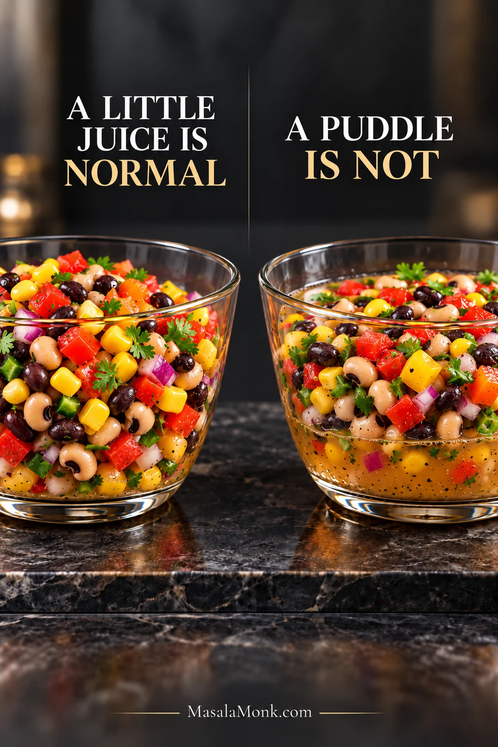 Side-by-side Cowboy Caviar comparison showing a small normal amount of released vegetable juice versus a noticeable puddle of excess liquid.