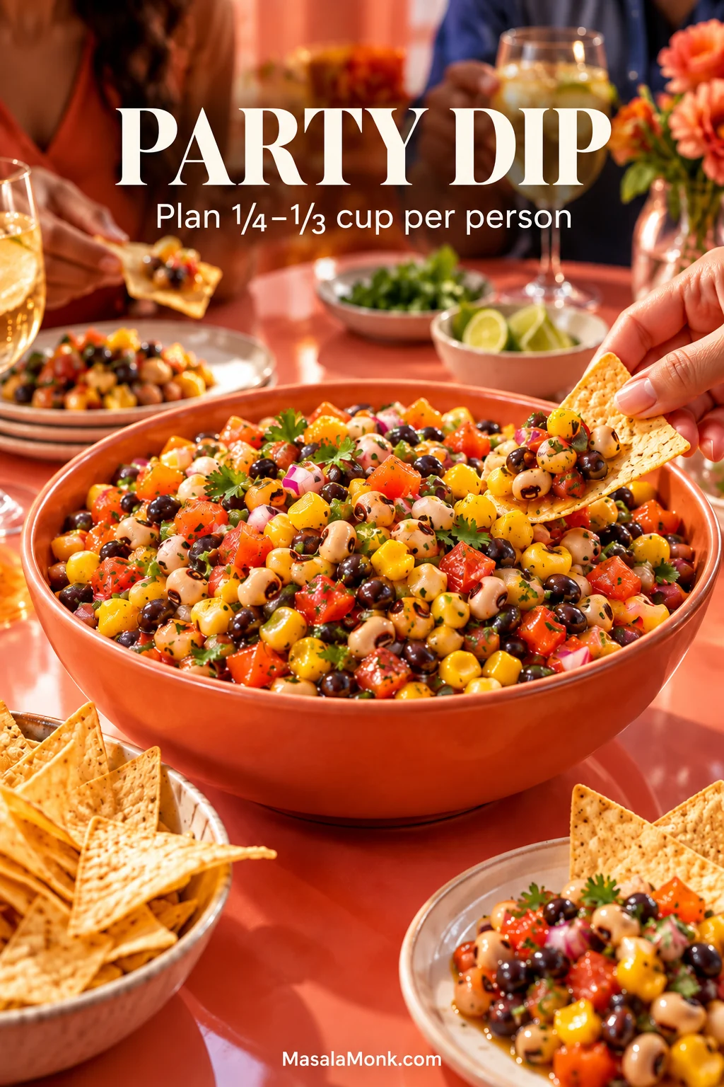 Large party bowl of Cowboy Caviar with tortilla chips and people serving themselves; text reads Party Dip and Plan 1/4–1/3 cup per person.