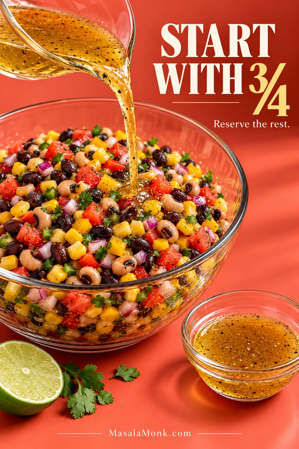Vinaigrette being poured into Cowboy Caviar while a smaller portion remains reserved, illustrating the instruction to start with about three-quarters of the dressing.