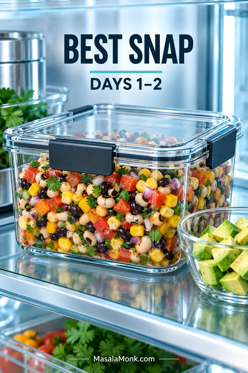 Cowboy Caviar in a clear airtight refrigerator container with avocado stored separately; text reads Best Snap, Days 1–2.
