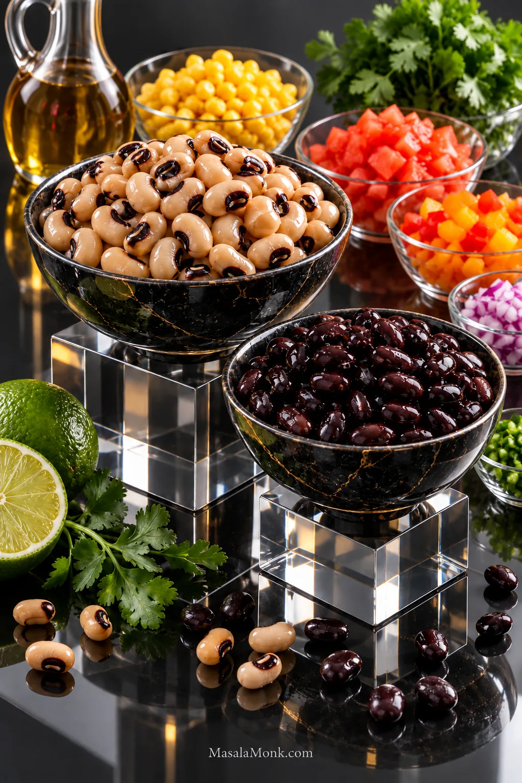 Black-eyed peas and black beans shown as the main Cowboy Caviar ingredients, with corn, tomato, bell pepper, red onion and cilantro around them.
