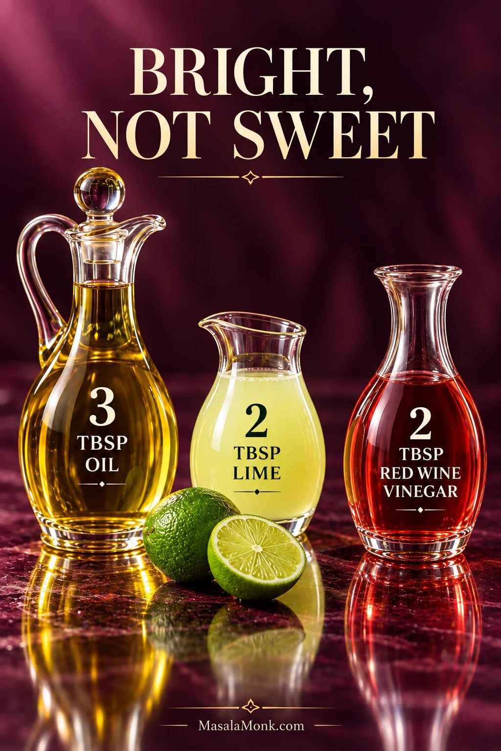 Three clear vessels show a Cowboy Caviar dressing ratio of 3 tablespoons olive oil, 2 tablespoons lime juice and 2 tablespoons red wine vinegar.