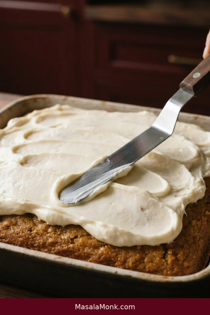 An offset spatula spreads cream cheese frosting in broad, soft sweeps across the top of a rectangular banana cake.