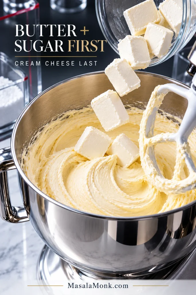 Small pieces of cream cheese being added to a smooth butter-and-powdered-sugar base in a stainless-steel mixing bowl.