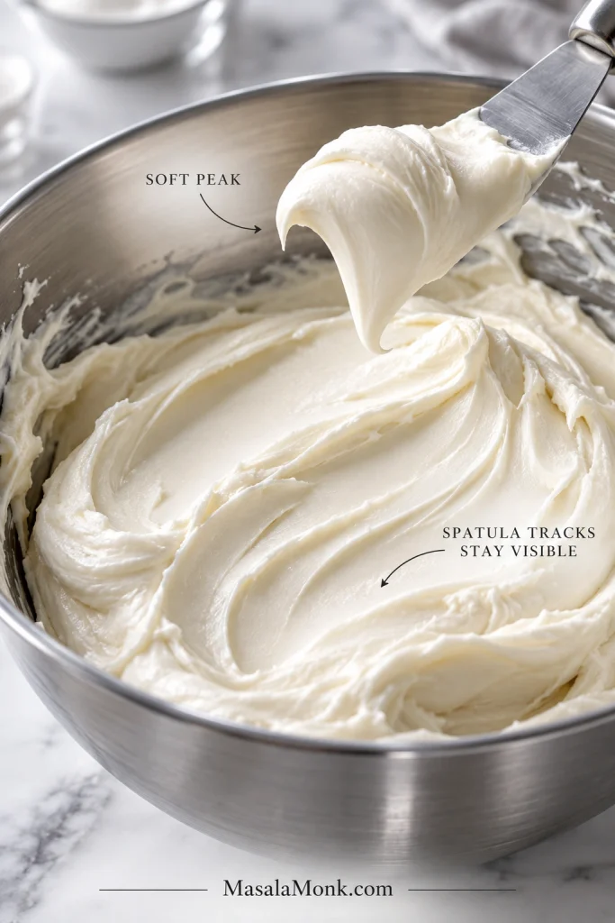 White cream cheese frosting in a stainless-steel bowl with a visible spatula trail and a soft peak on the spatula.