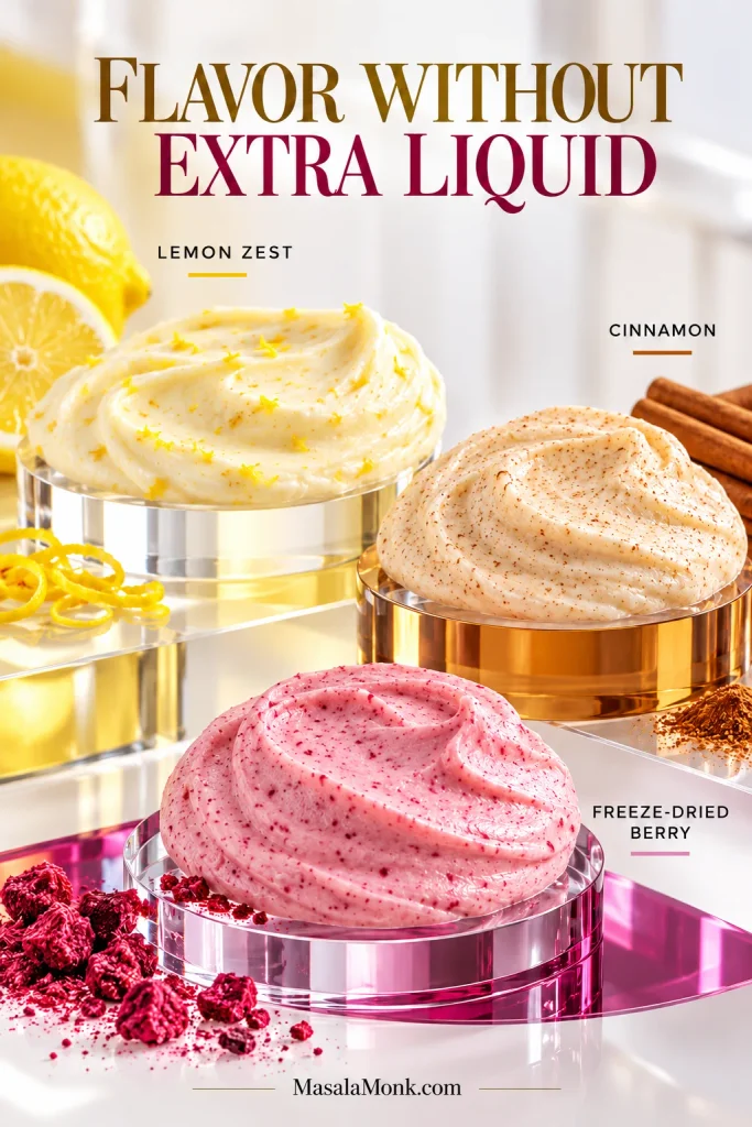 Three cream cheese frosting variations flavored with lemon zest, cinnamon and freeze-dried berry powder.