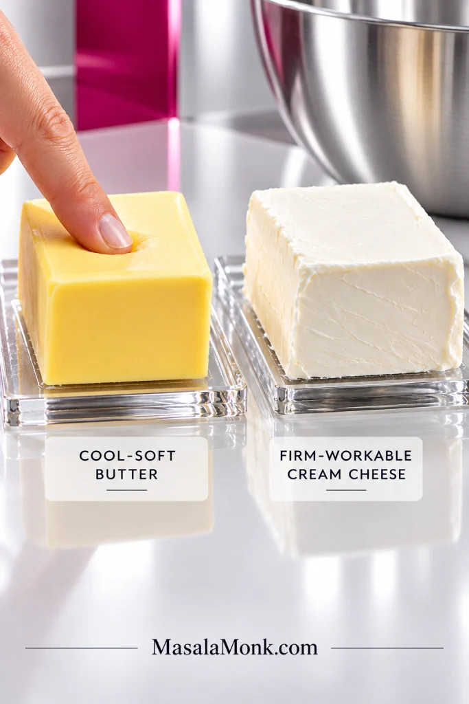 A fingertip making a shallow dent in cool-soft butter beside a firmer block of workable cream cheese.