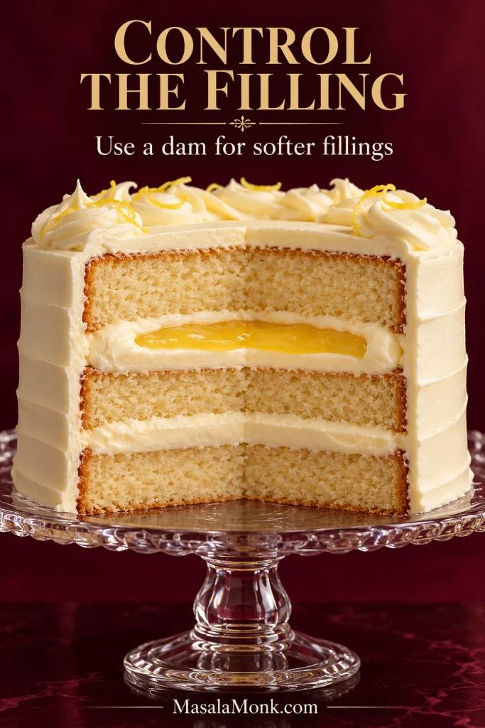 Layer cake cross-section with lemon curd held inside a thick cream cheese frosting border between the cake layers.