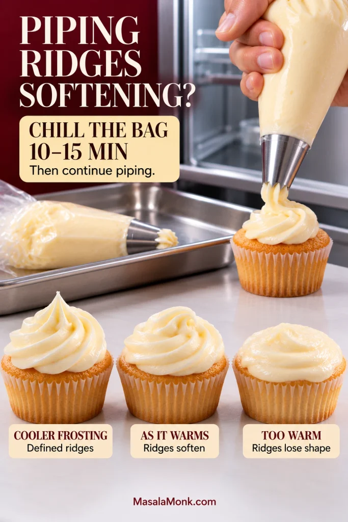 A hand piping cream cheese frosting beside cupcakes with progressively softer ridges and a filled piping bag resting on a metal tray.