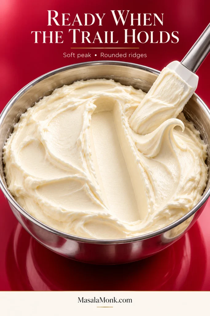 Cream cheese frosting in a bowl with a spatula trail that stays open and a soft peak that bends at the tip.