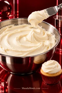 Bowl of pale cream cheese frosting with smooth satin folds, an offset spatula lifting a soft curved peak, and a cupcake with a rounded frosting swirl beside it.