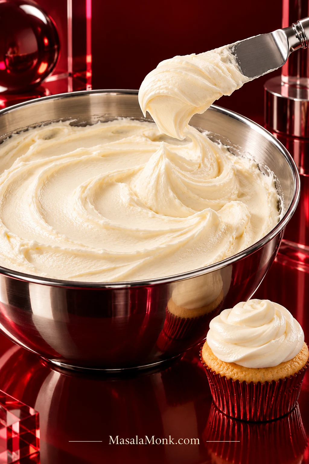 Bowl of pale cream cheese frosting with smooth satin folds, an offset spatula lifting a soft curved peak, and a cupcake with a rounded frosting swirl beside it.