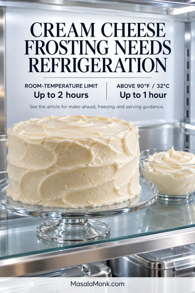 Cream-cheese-frosted cake and a bowl of frosting on refrigerator shelves with room-temperature safety limits shown in the graphic.