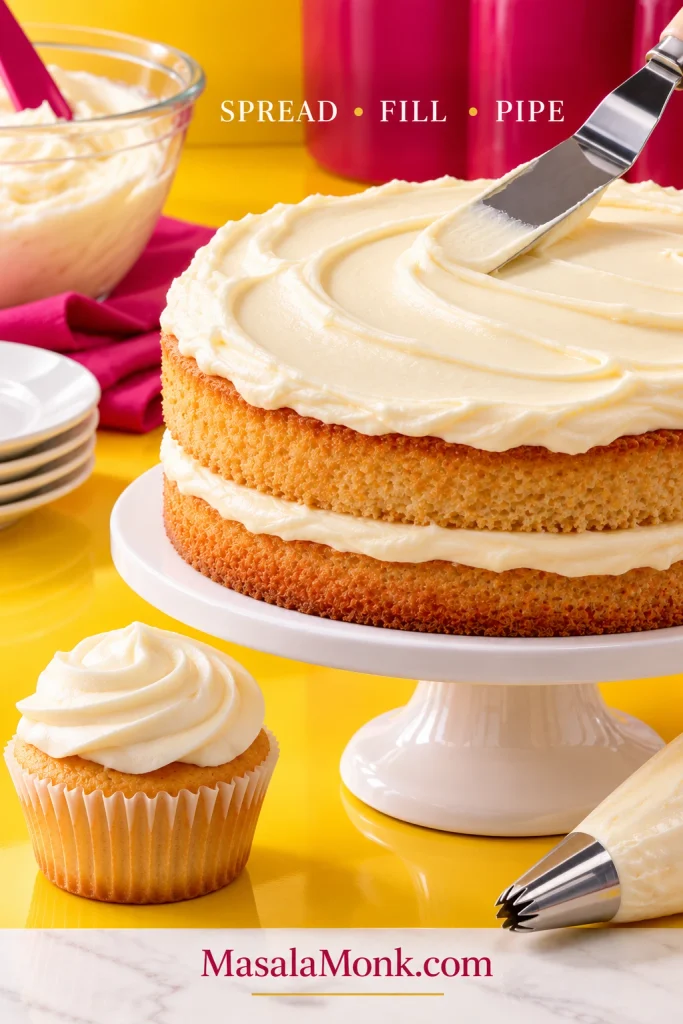 Cream cheese frosting shown spread over cake, used between cake layers, and piped into a rounded cupcake swirl.