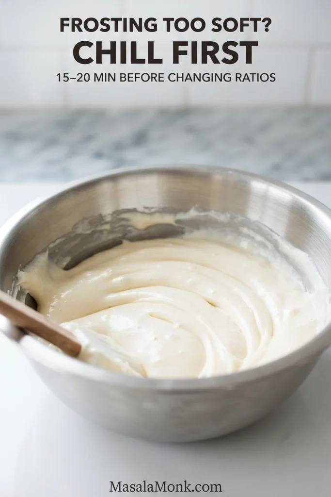 Soft cream cheese frosting in a bowl visibly slumping and losing the ridges left by a spatula.