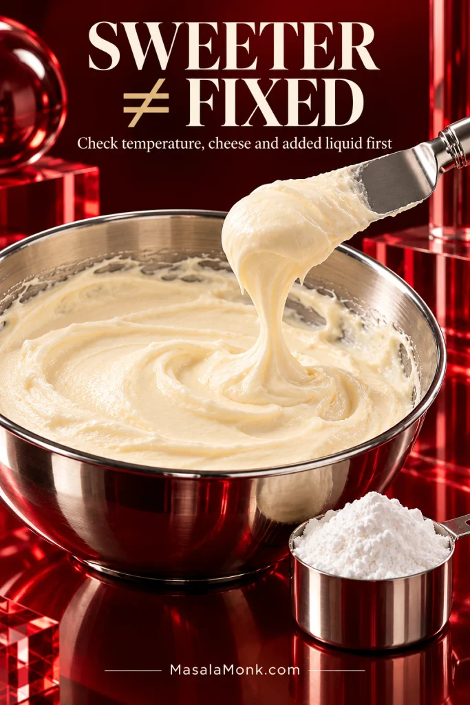 Loose cream cheese frosting drooping from a spatula beside a small container of powdered sugar, with text saying sweeter does not mean fixed.