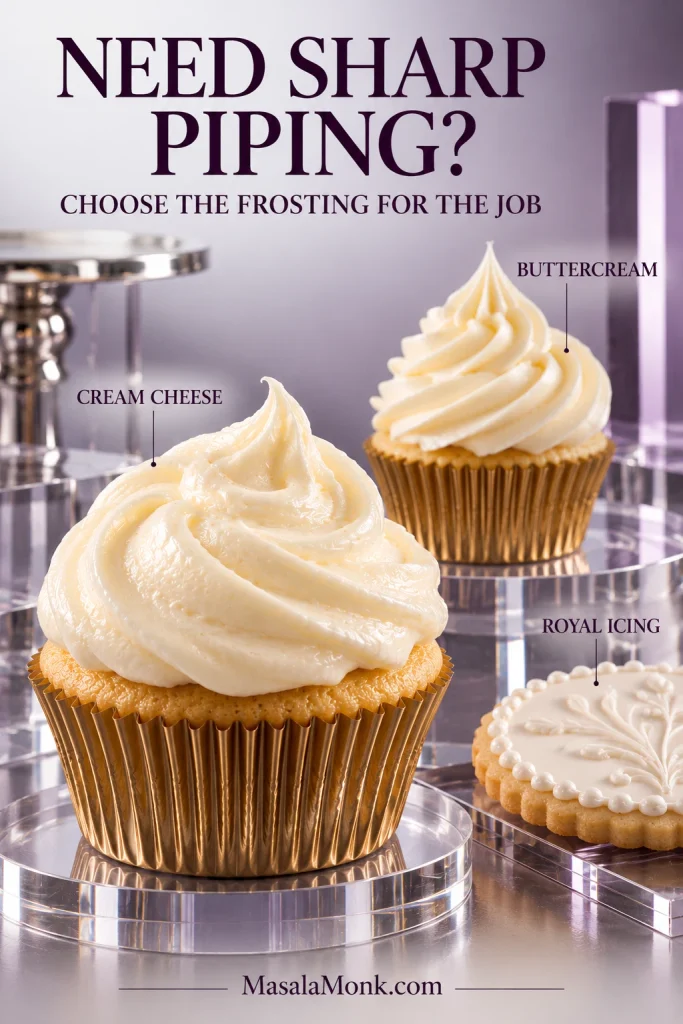 Cream cheese frosting with rounded piping, taller sharply defined buttercream, and fine royal icing decoration shown side by side.