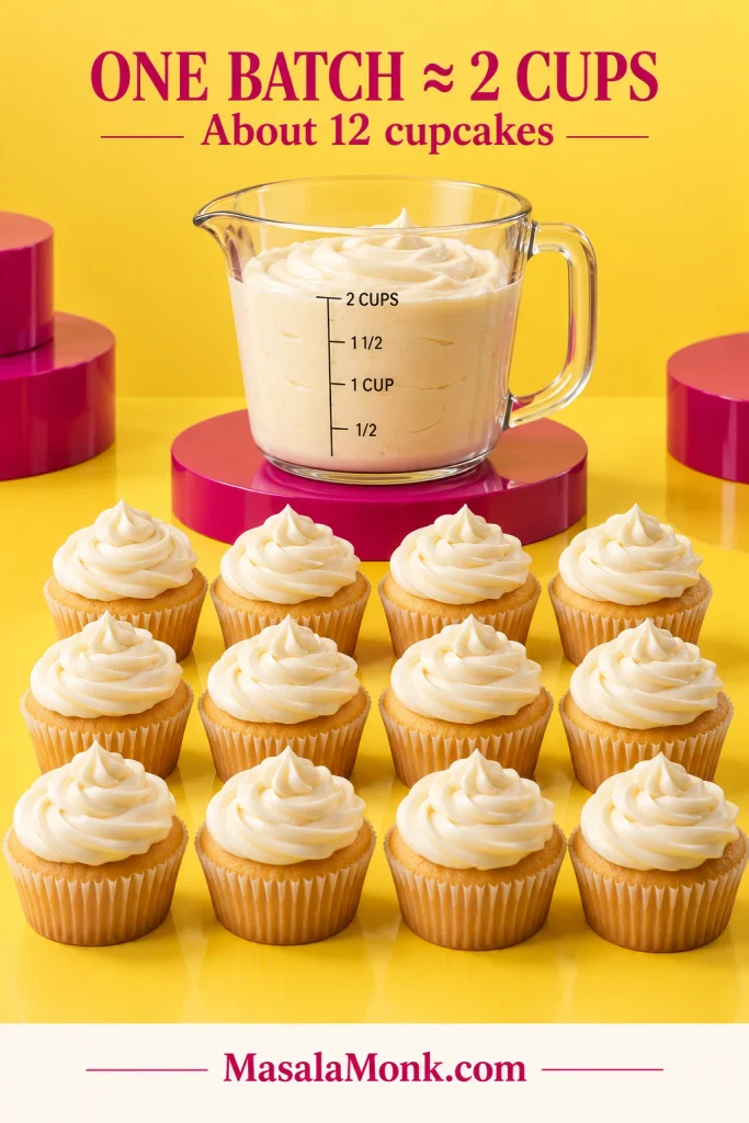 About two cups of cream cheese frosting in a measuring vessel with 12 frosted cupcakes arranged below.