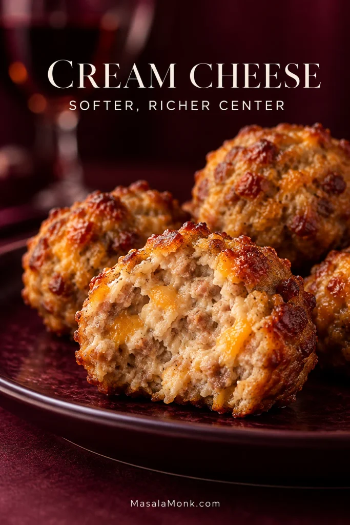 Close-up of a cream cheese sausage ball cut open to show a soft, moist sausage-and-cheddar center and browned exterior.