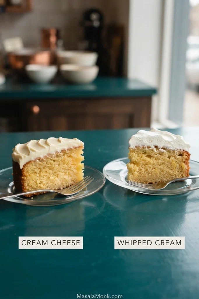 Two matching pineapple cake slices comparing dense cream cheese frosting with lighter whipped cream.