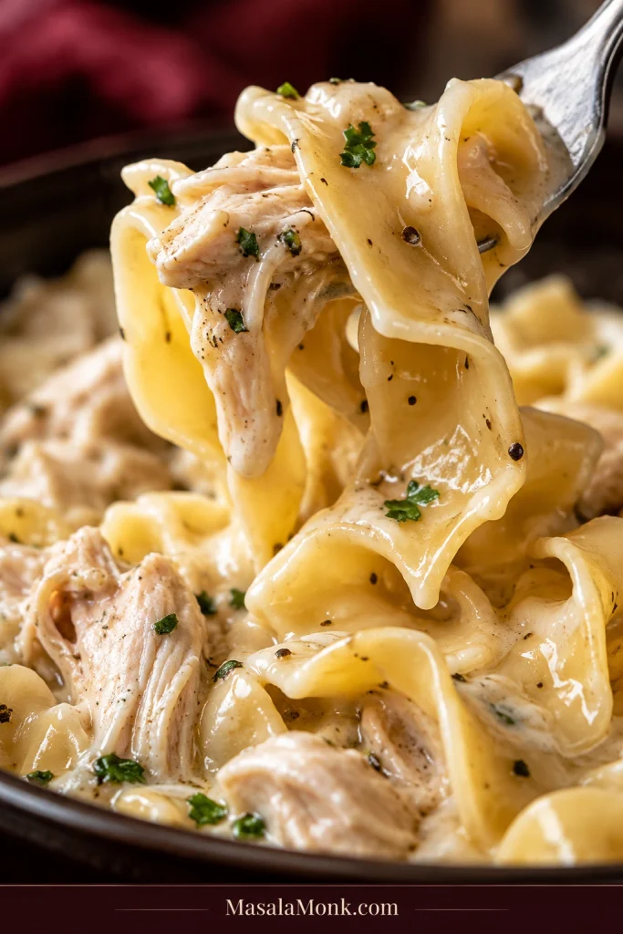 Close-up forkful of creamy chicken and a broad egg noodle coated in thick sauce.