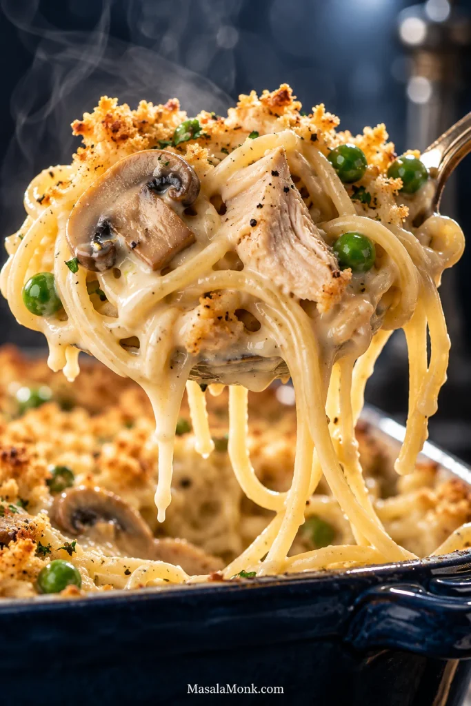 Close-up spoonful of creamy chicken tetrazzini with spaghetti, chicken, sliced mushrooms, peas and golden breadcrumb pieces.