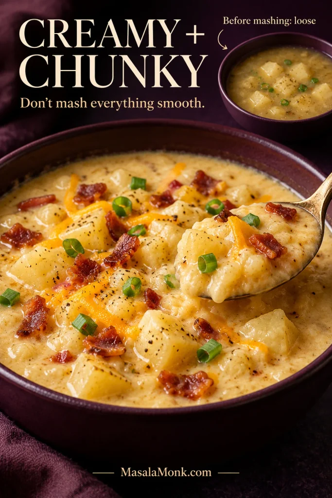 Creamy potato soup with visible chunks and an inset showing the thinner soup before mashing, labeled “Creamy + Chunky.”