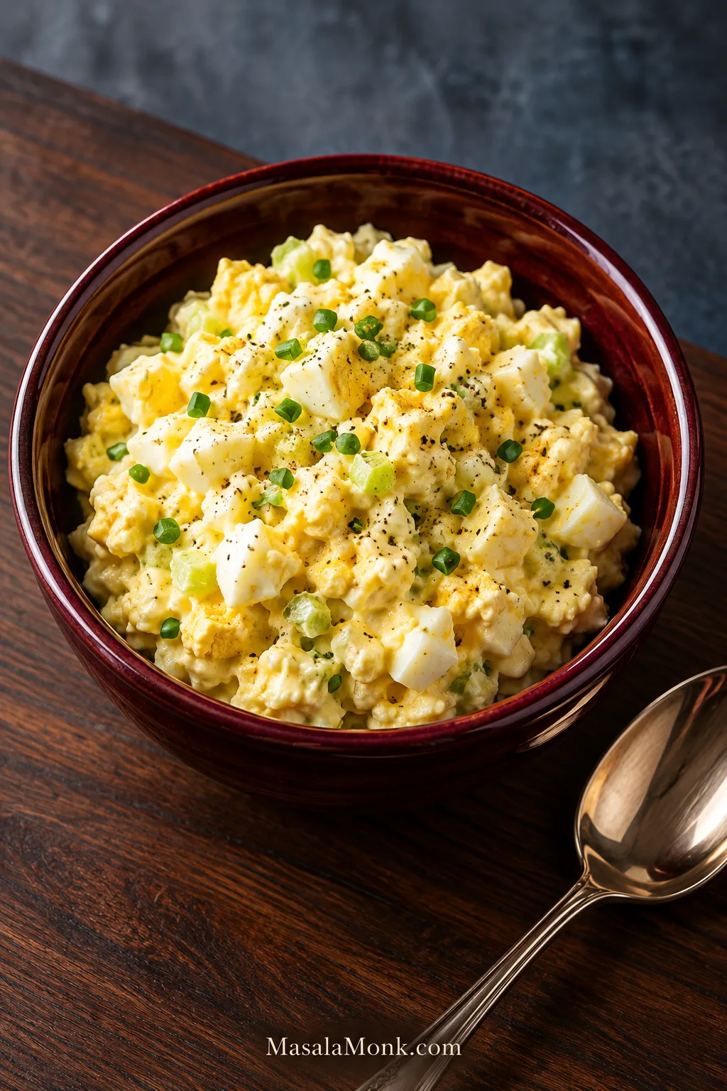 Bowl of creamy egg salad with distinct chopped egg whites, yellow yolk, small celery pieces, chives and black pepper in a dark red ceramic bowl.