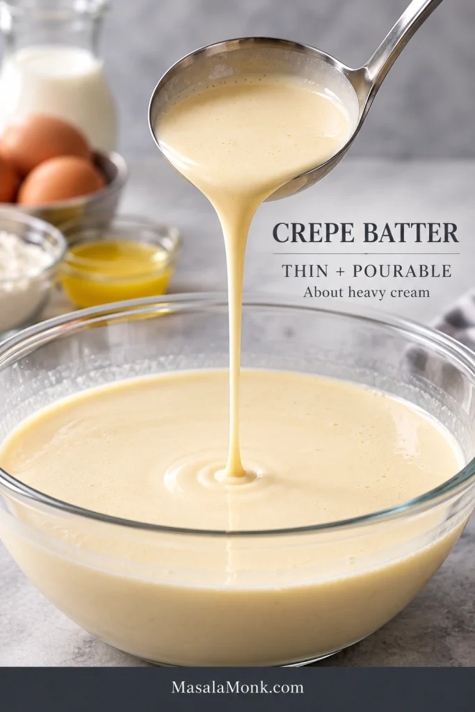 Pale crepe batter pouring in a narrow stream from a metal ladle into a glass bowl with a smooth batter surface below.