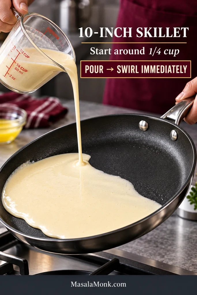 Fluid crepe batter pouring into a tilted 10-inch black nonstick skillet while part of the pan remains exposed as the batter spreads.