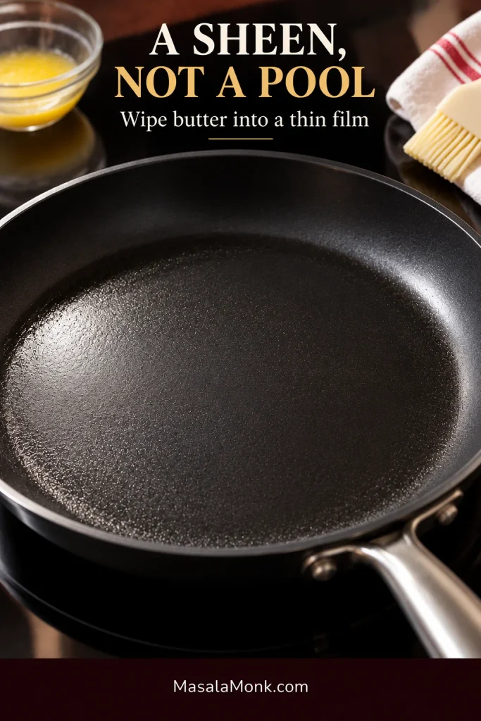 Black nonstick skillet with a very thin reflective coating of butter, with a pastry brush and melted butter nearby.