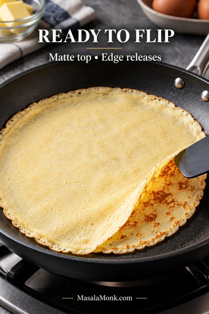 Pale matte crepe in a black skillet with one edge lifted by a spatula, revealing a golden-brown freckled underside.