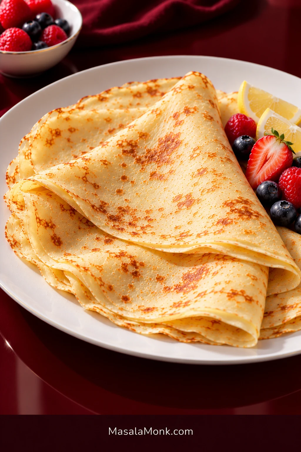 Thin French crepes folded on a white plate with pale golden surfaces, irregular brown freckles, berries, lemon, and cream.