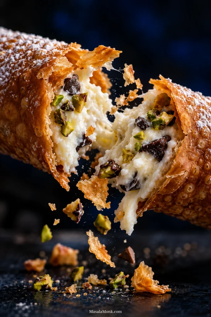 Cannolo breaking open with brittle shell flakes and shards around the fracture, exposing thick white ricotta cream inside.
