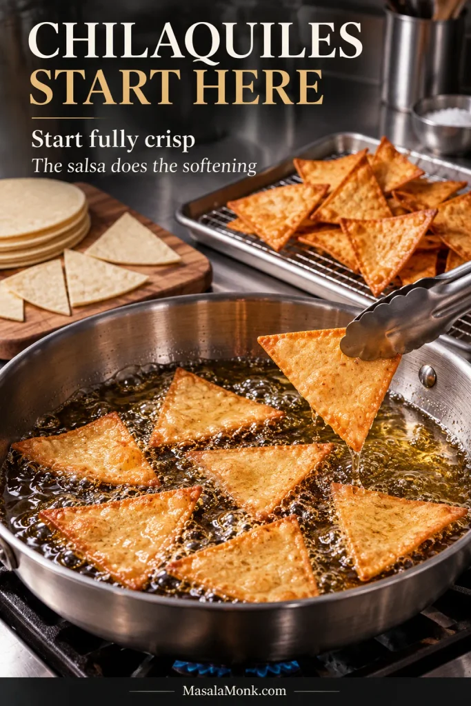 Corn tortilla wedges shallow-frying in oil beside crisp, lightly golden wedges. Graphic text says chilaquiles start with fully crisp tortillas.