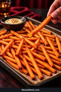 Golden-orange baked sweet potato fries with browned edges on a serving tray, with one fry held above the tray beside a bowl of creamy dipping sauce.