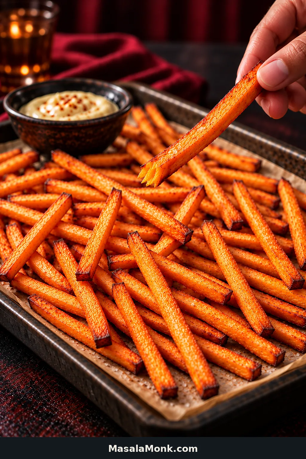 Golden-orange baked sweet potato fries with browned edges on a serving tray, with one fry held above the tray beside a bowl of creamy dipping sauce.