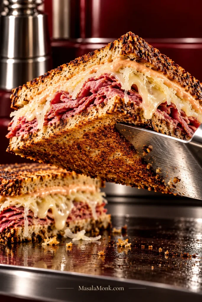 A metal spatula lifts a Reuben to reveal a deeply browned, dry rye underside while the open edge shows corned beef, sauerkraut and melted Swiss.