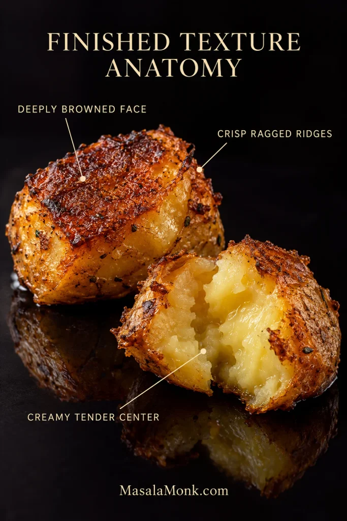 Close-up of roasted Yukon Gold potato chunks showing a deeply browned face, crisp ragged ridges, and a creamy yellow center.