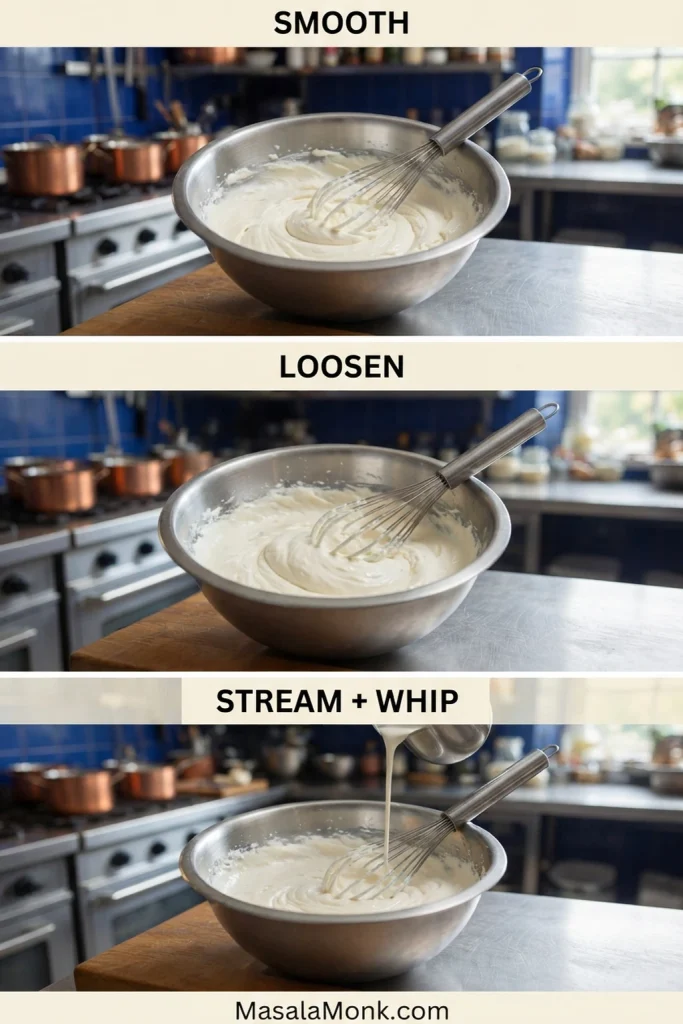 Three-stage whipped cream cheese frosting process showing smooth cream cheese, a loosened base and cold cream being streamed in while whisking.