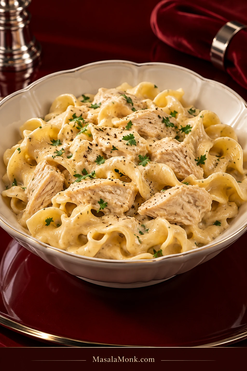 Creamy Crock Pot chicken and extra-wide egg noodles with chunky chicken pieces in a dark serving bowl.