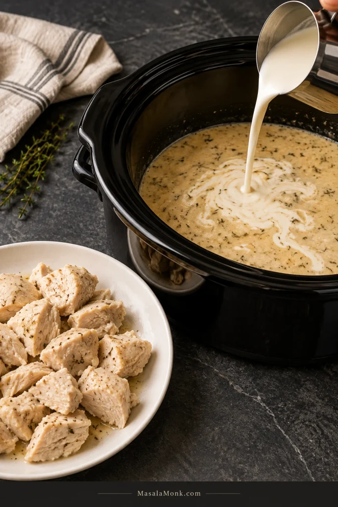 Heavy cream being poured into seasoned sauce in a slow cooker, with cooked chicken resting on a plate beside it.