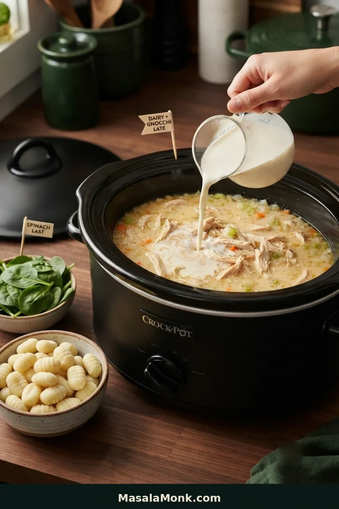 Slow cooker with chicken, vegetables and broth, with dairy being poured in and bowls of potato gnocchi and spinach waiting to be added later.